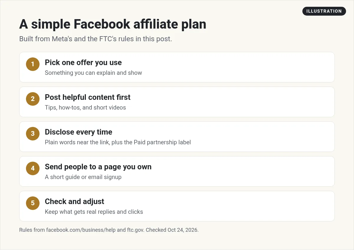 Illustration: five steps for affiliate marketing on Facebook: pick one offer, post helpful content first, disclose every time, send people to a page you own, and check and adjust