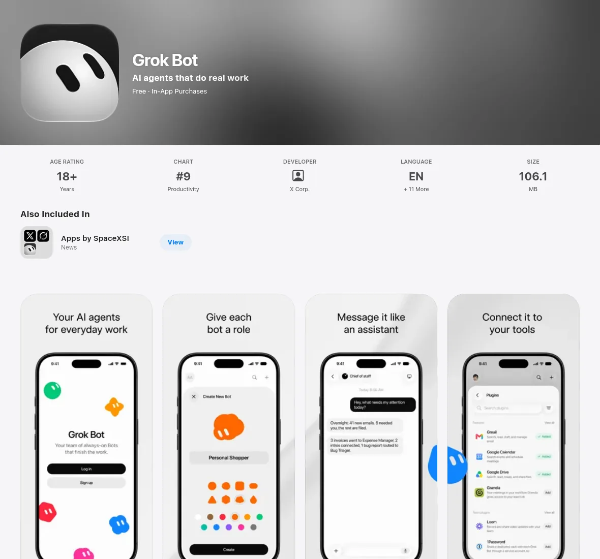 The Grok Bot listing on the Apple App Store with the official app screenshots: AI agents for everyday work, give each bot a role, message it like an assistant, connect it to your tools