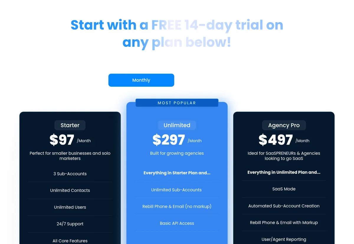 HighLevel pricing page offering a free 14-day trial, with Starter at $97, Unlimited at $297, and Agency Pro at $497 a month