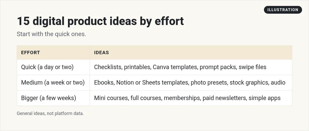 Illustration: table of 15 digital product ideas grouped by effort: quick, medium, and bigger projects