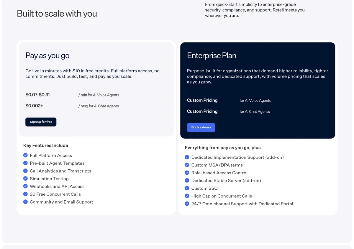 Retell AI pricing: Pay as you go from $0.07 to $0.31 per minute for voice agents and $0.002 per message for chat, with $10 in free credits and 20 free concurrent calls, next to a custom Enterprise plan