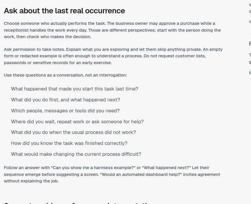 Overskill Learn guide section Ask about the last real occurrence, with questions to ask a real buyer about how they do a task today