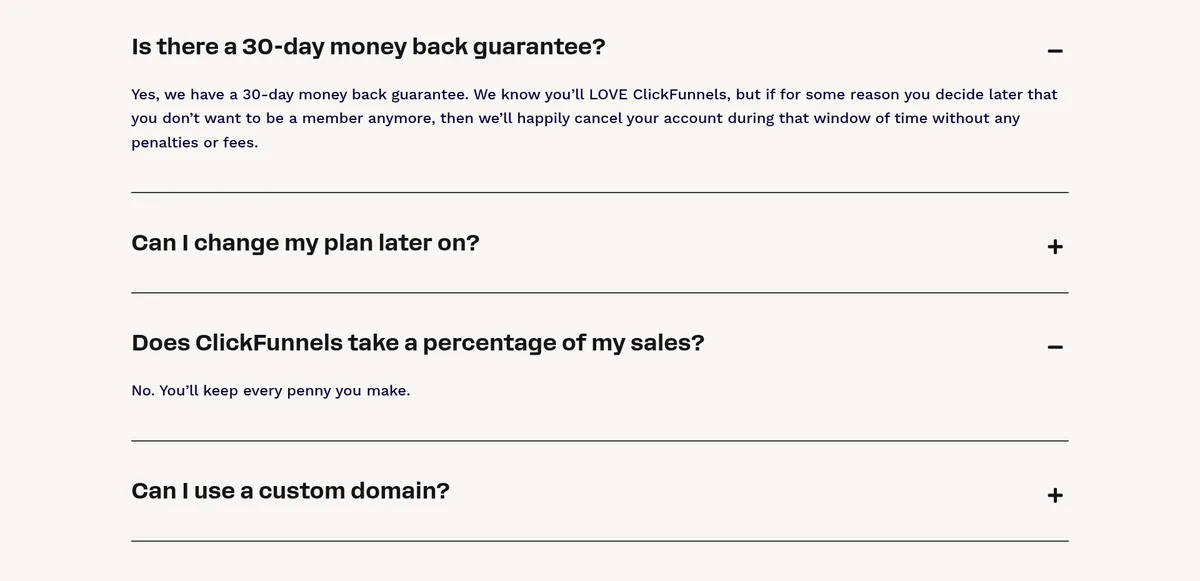 ClickFunnels pricing FAQ: yes to a 30-day money back window, and no percentage taken from your sales