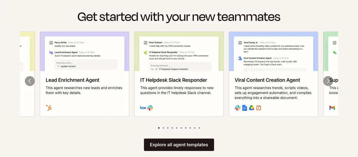 Zapier agents page, Get started with your new teammates, showing templates for a Lead Enrichment Agent, IT Helpdesk Slack Responder, and Viral Content Creation Agent