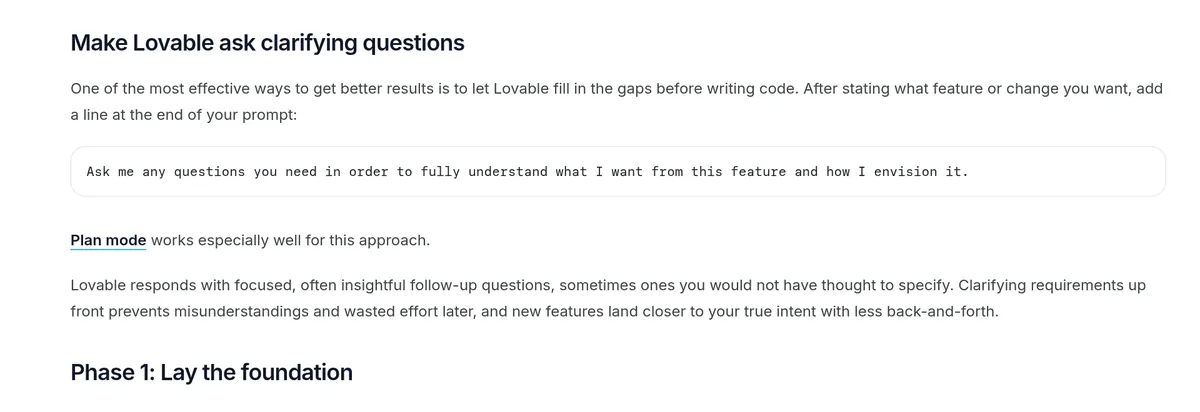 Lovable docs tip: end your prompt by asking Lovable to ask any questions it needs to fully understand what you want