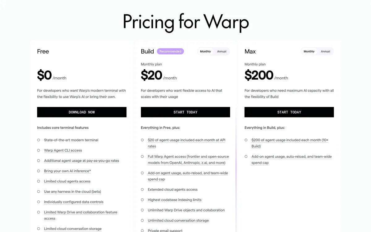 Warp pricing page with Monthly selected: Free $0 a month, Build $20 a month, Max $200 a month, and Business $50 per user a month