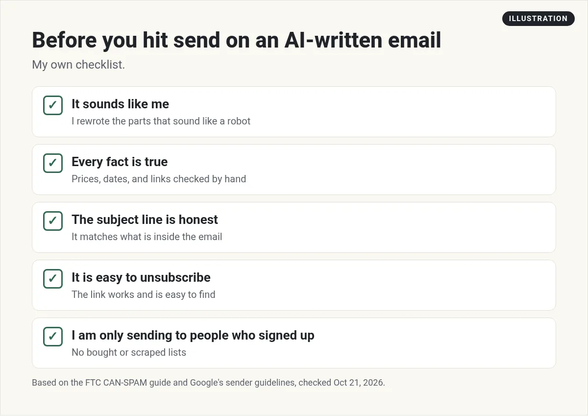 Illustration: checklist of five things to check before sending an AI-written email