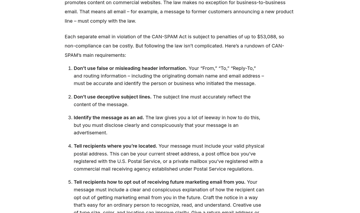 FTC CAN-SPAM guide: the main requirements, such as no false header info, no deceptive subject lines, and a clear way to opt out