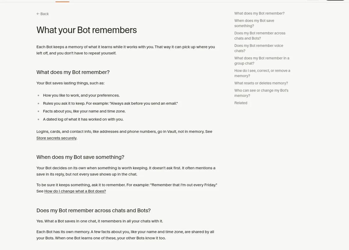 Grok Bot help center page What your Bot remembers: preferences, rules, facts like name and time zone, and a dated log