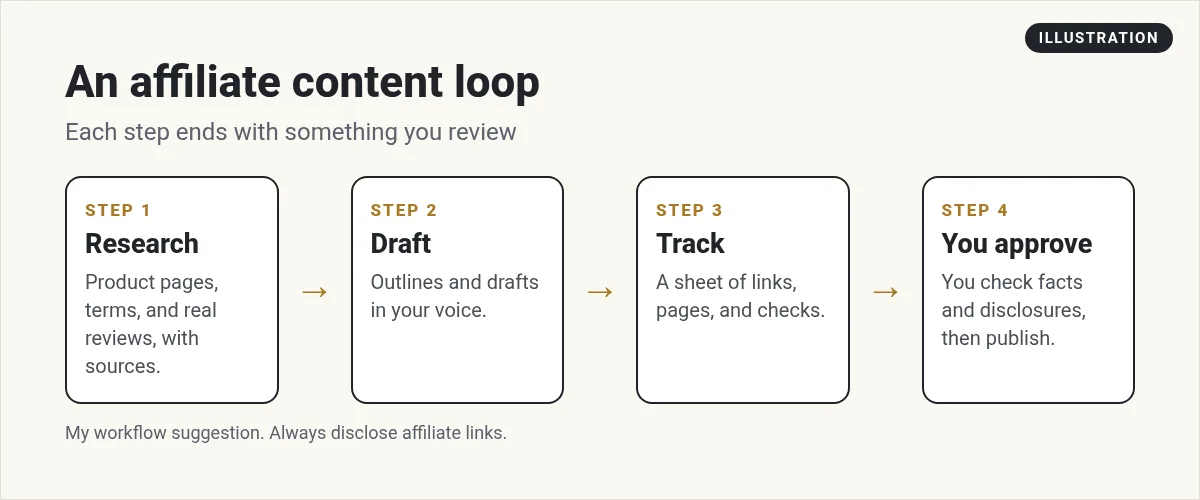 Illustration: an affiliate content loop: research with sources, draft in your voice, track links in a sheet, and you approve and add disclosures