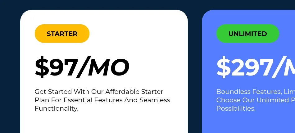 HighLevel plan cards on my partner page: Starter $97 a month, Unlimited $297 a month with Branded Desktop App and custom domains, SaaS Pro $497 a month with SaaS Mode and rebilling