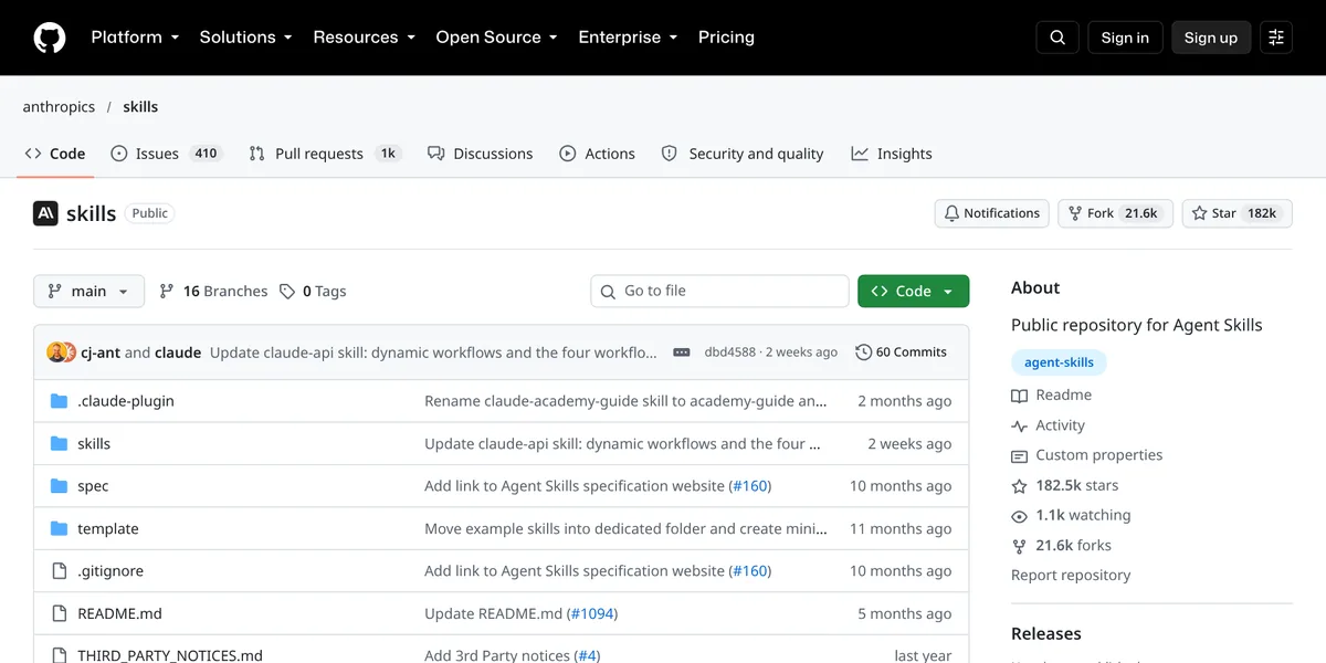 GitHub page for the anthropics/skills repository, a public repository for Agent Skills