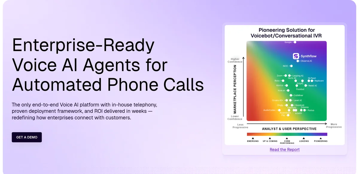 Synthflow home page hero: Enterprise-Ready Voice AI Agents for Automated Phone Calls, with a Get a demo button