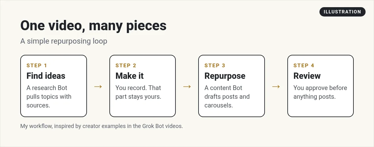 Illustration: one video, many pieces: a research Bot finds ideas, you record, a content Bot drafts posts, and you review before posting