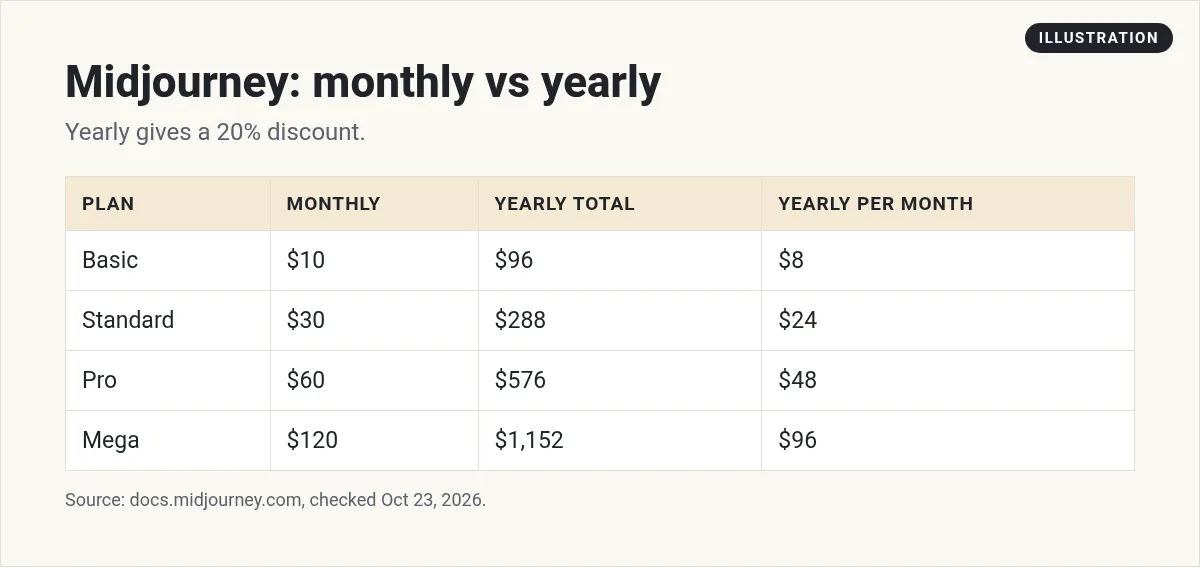 Illustration: table of Midjourney monthly vs yearly prices: Basic $10 or $96 a year, Standard $30 or $288, Pro $60 or $576, Mega $120 or $1,152