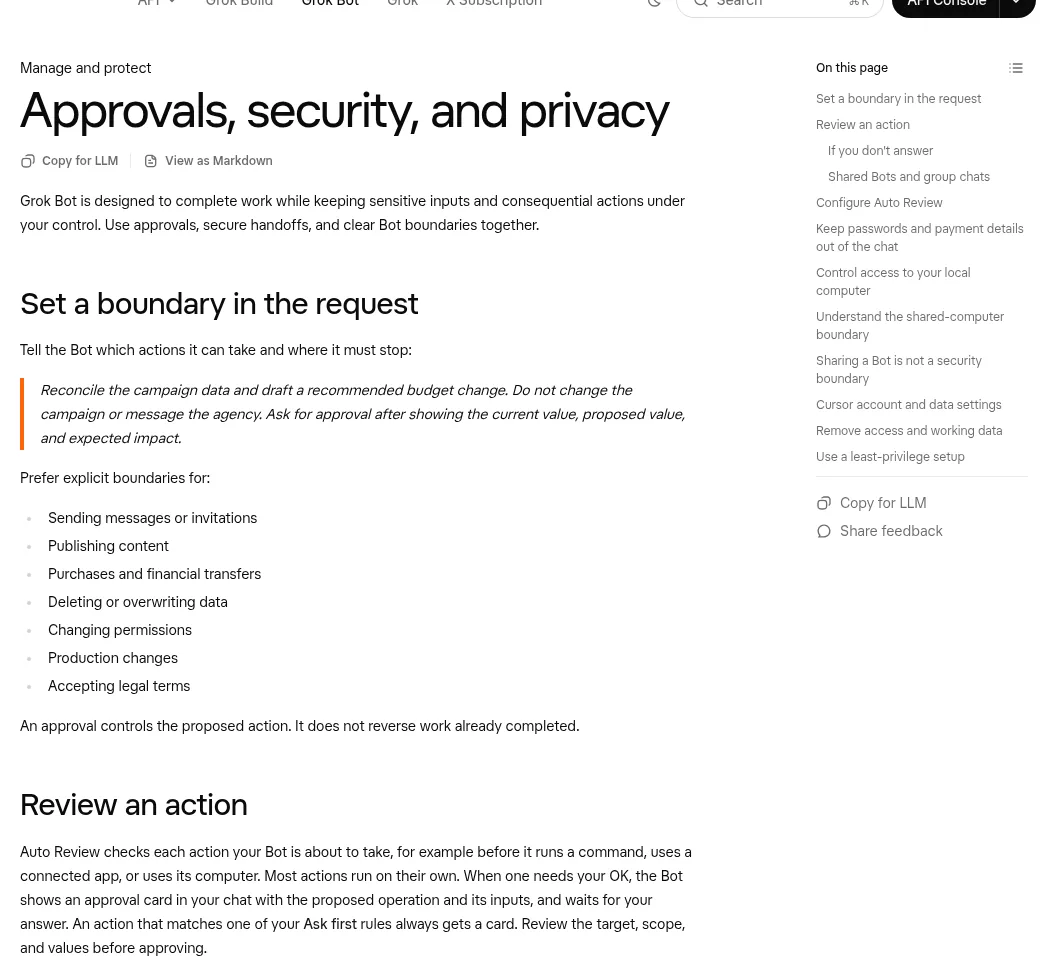 Grok Bot docs page Approvals, security and privacy
