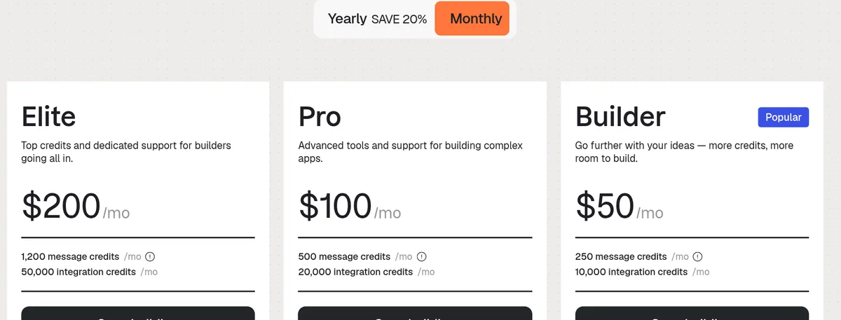 Base44 pricing page on monthly billing: Elite $200 a month, Pro $100 a month, and Builder $50 a month, with message and integration credits for each