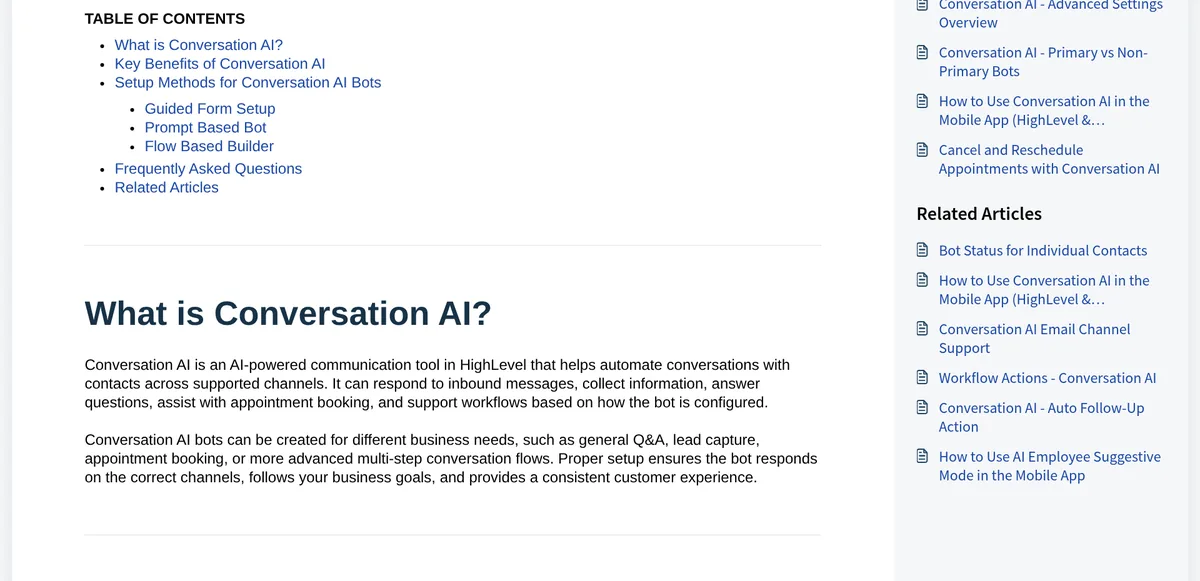 HighLevel help article section What is Conversation AI?, describing an AI tool that replies to inbound messages, collects information, answers questions, and helps book appointments
