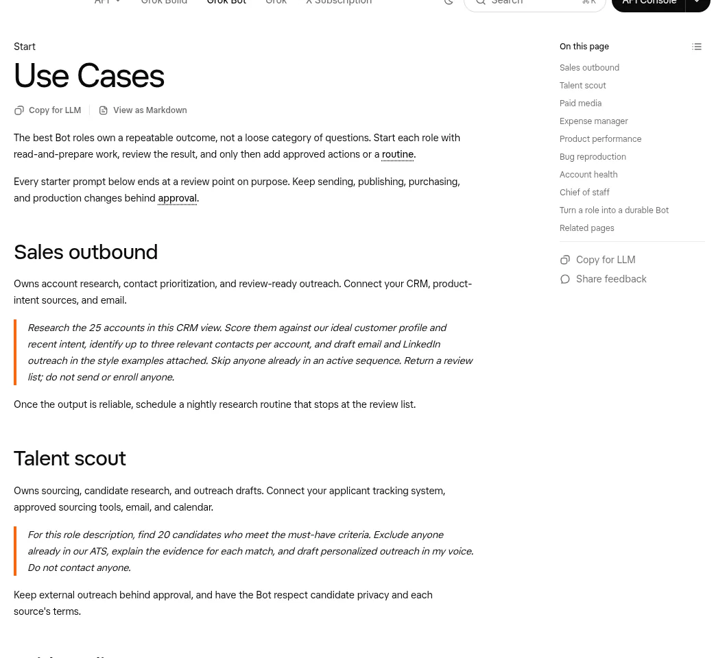 Grok Bot Use Cases page: the best Bot roles own a repeatable outcome, with Sales outbound and Talent scout starter prompts