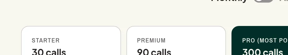 Upfirst pricing page with plans for 30 calls at $24.95 a month, 90 calls at $59.95, 300 calls at $159.95, 600 calls at $299, and a custom plan