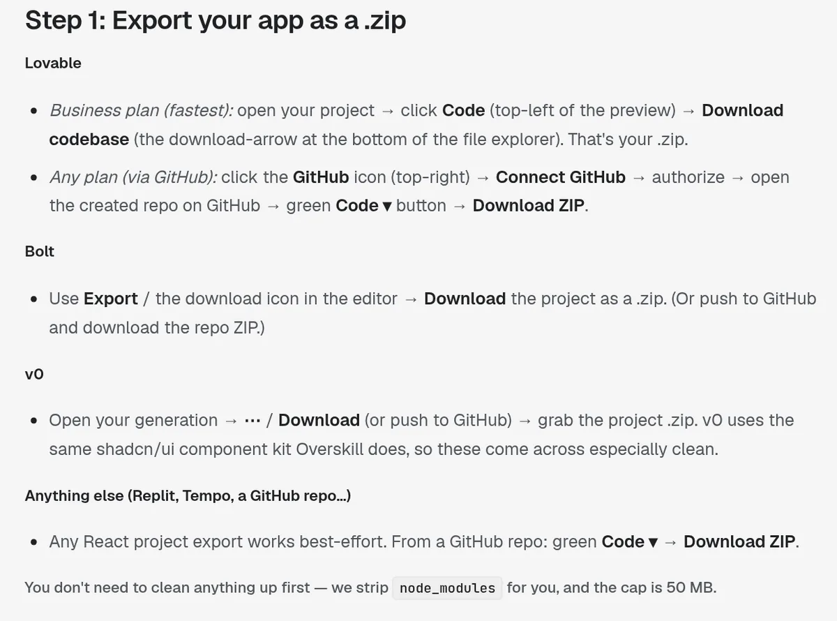 Overskill help article step 1, how to export an app as a zip from Lovable, Bolt, v0, or GitHub