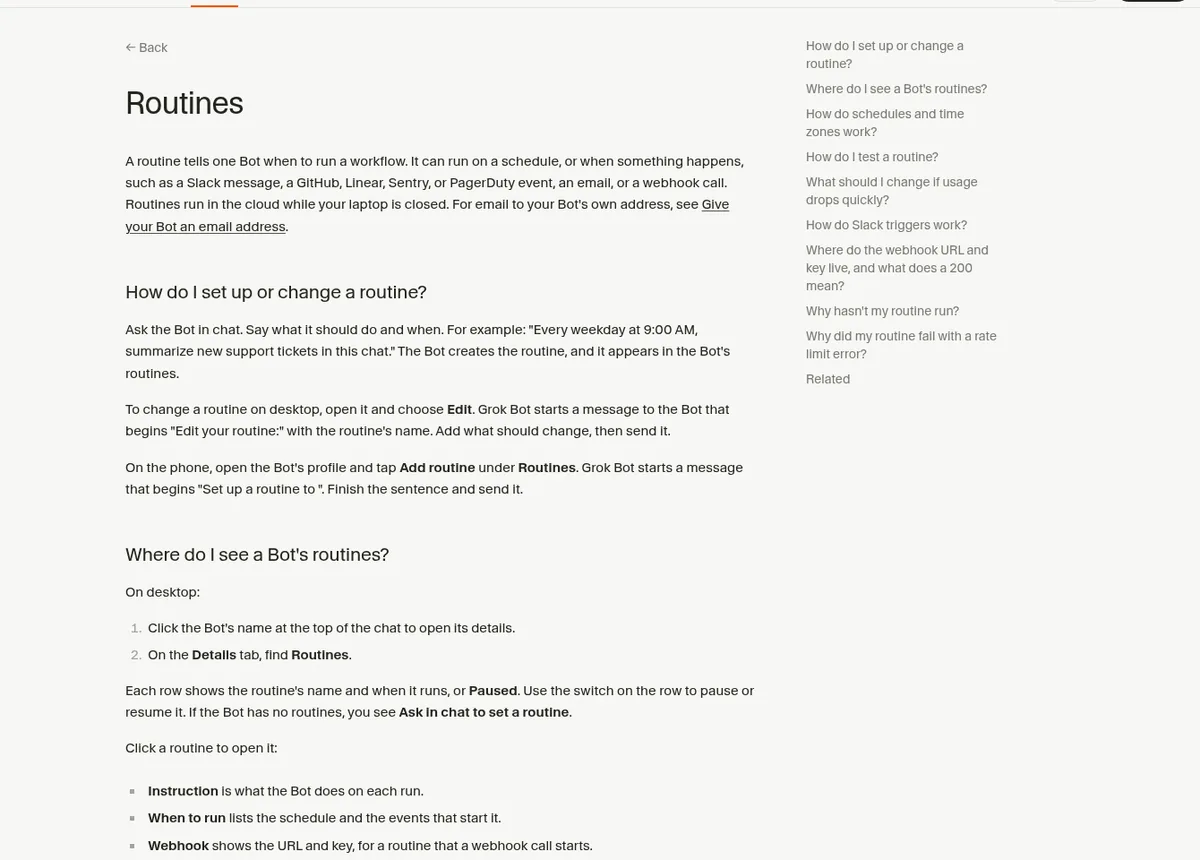 Grok Bot help center page about routines that run on a schedule or when something happens