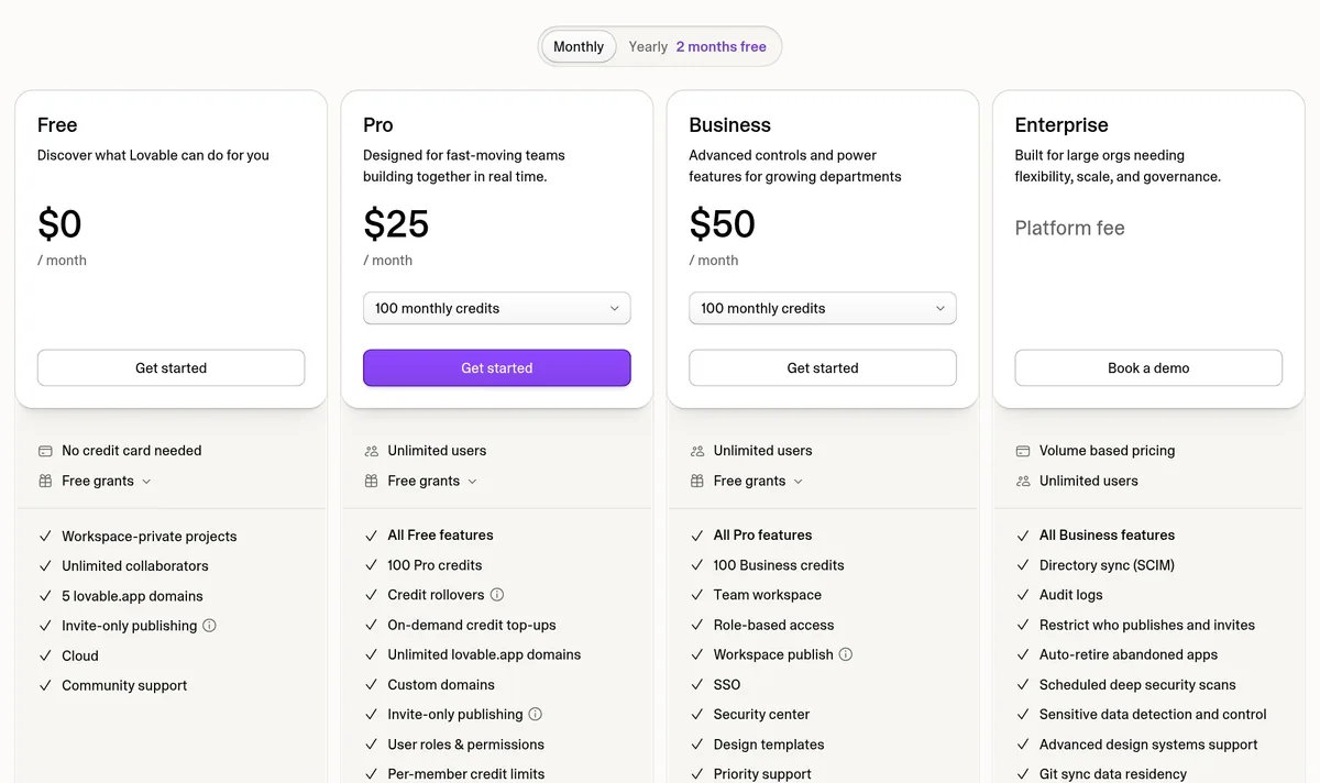 Lovable pricing page: Free $0, Pro $25 a month, Business $50 a month, and Enterprise with a platform fee