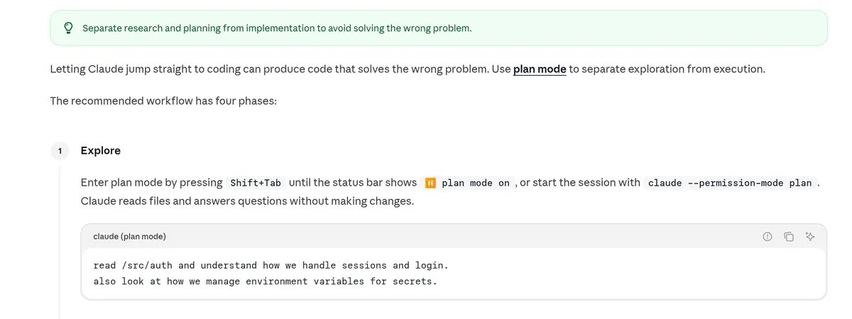 Claude Code best practices page: separate research and planning from implementation, starting with plan mode
