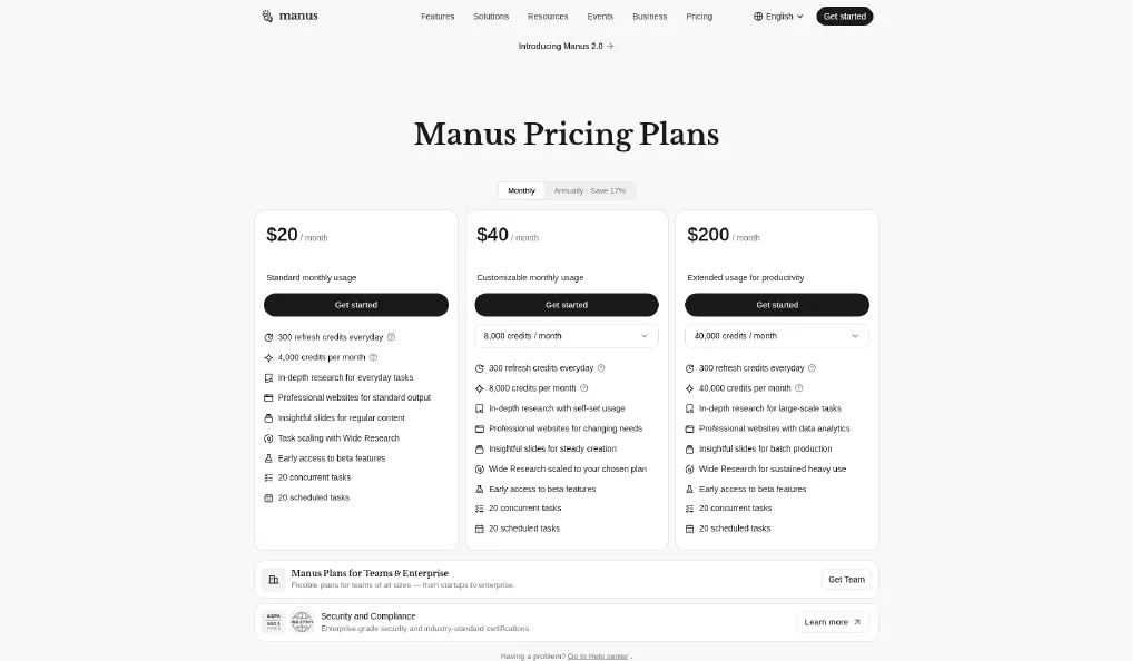 Manus pricing page with Monthly selected: $20, $40, and $200 a month plans with 4,000, 8,000, and 40,000 credits and 300 refresh credits every day