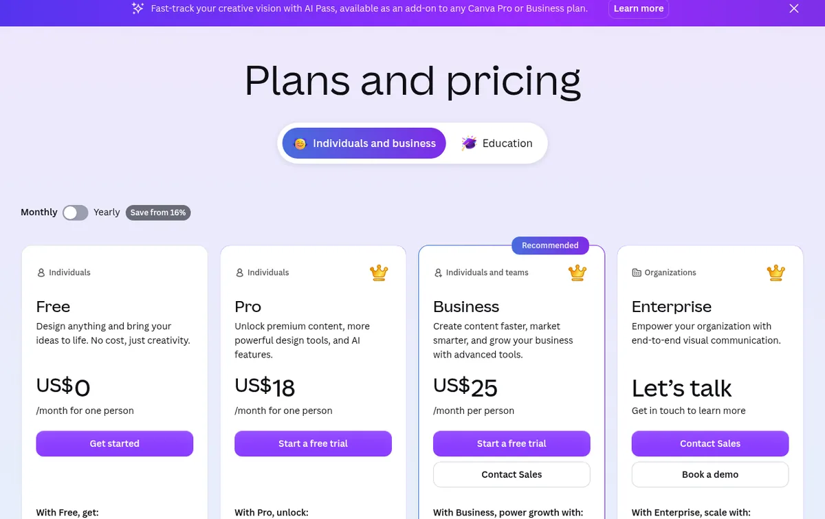 Canva Plans and pricing page with Monthly selected: Free US$0, Pro US$18 a month for one person, Business US$25 a month per person, and Enterprise with Let's talk