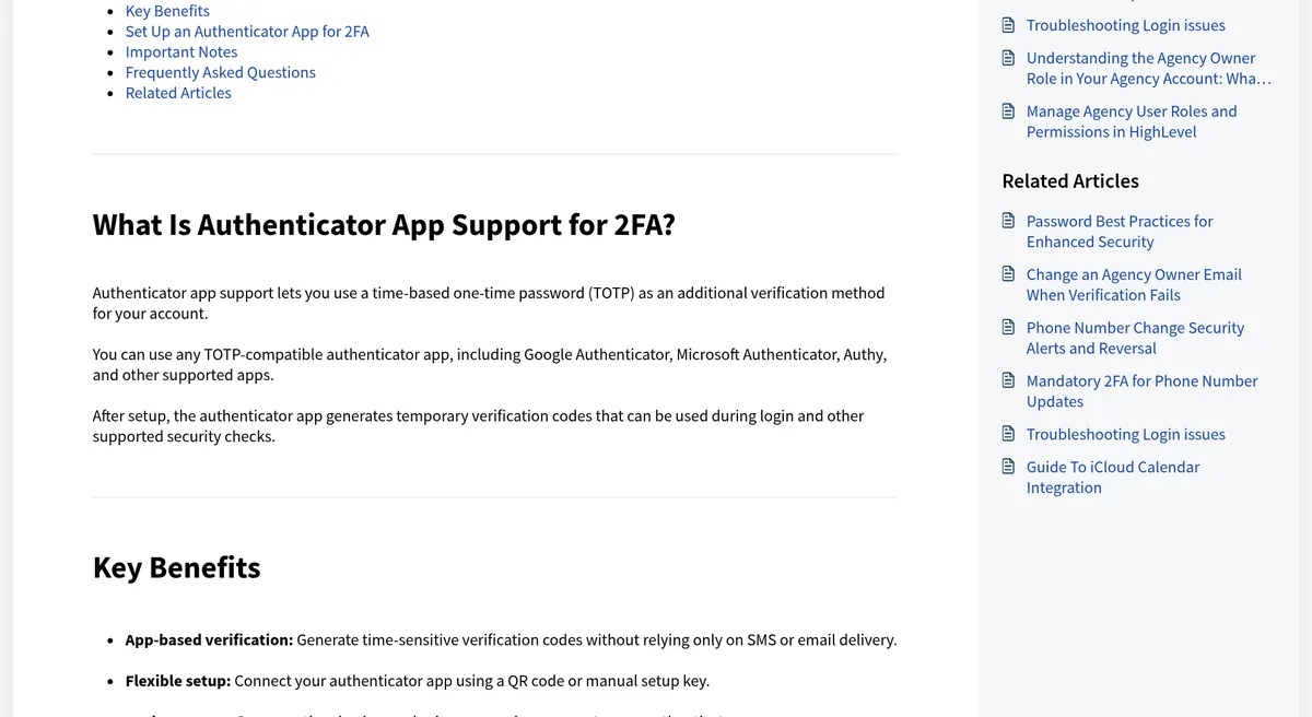 HighLevel help article section What Is Authenticator App Support for 2FA?, saying any TOTP app works, including Google Authenticator, Microsoft Authenticator, and Authy