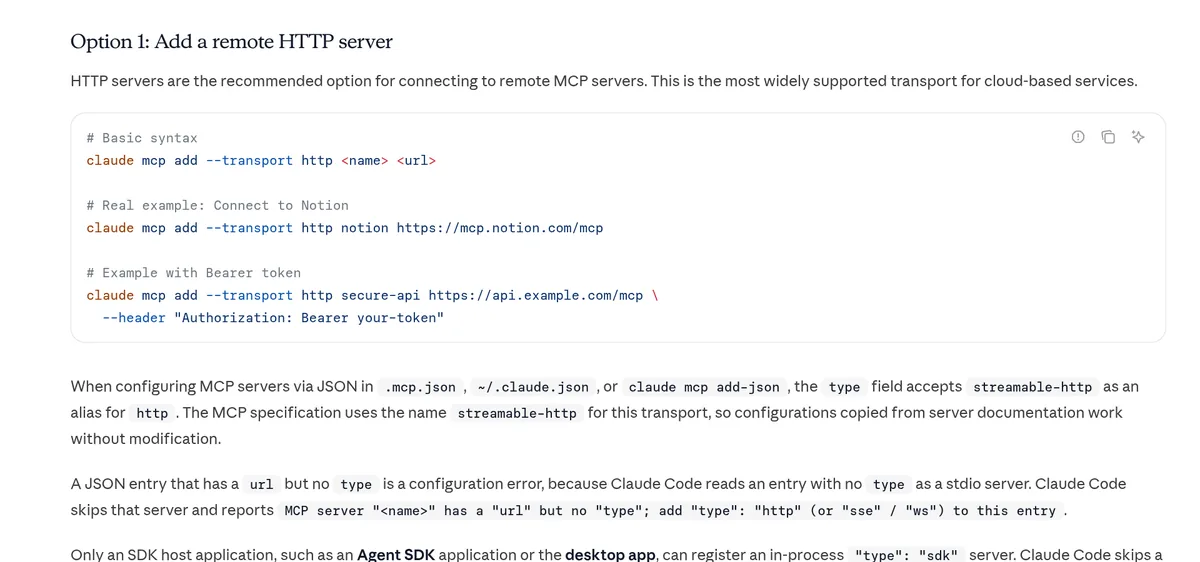 Claude Code MCP docs: Option 1, add a remote HTTP server, with the claude mcp add command and a Notion example