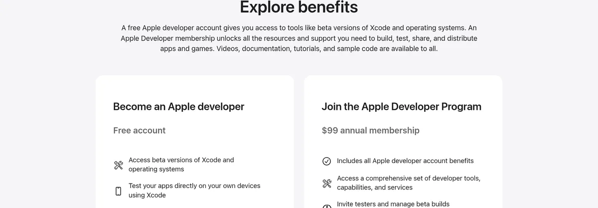 Apple Developer programs page comparing a free account, which gives access to beta versions of Xcode, with the Apple Developer Program at a $99 annual membership