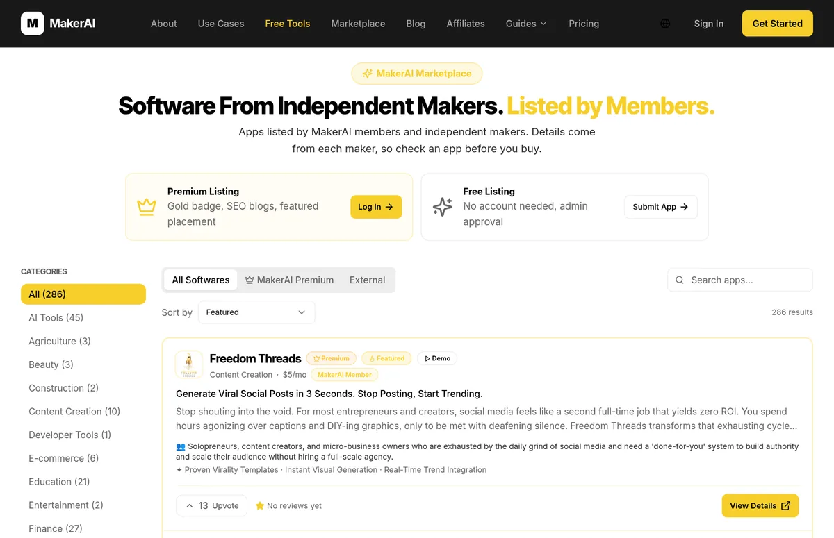 MakerAI Marketplace page showing free and premium listing options and the Freedom Threads listing