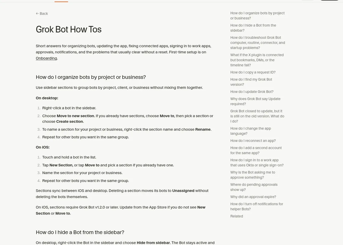 Grok Bot help center how to page with common questions and steps