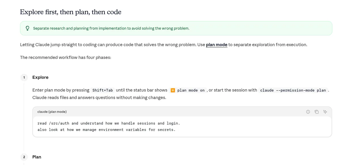 Claude Code best practices page: explore first, then plan, then code, starting with plan mode