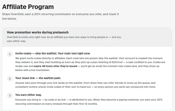 Overskill Affiliate Program page inside an account, explaining invite codes, the share link, and the 20% recurring commission