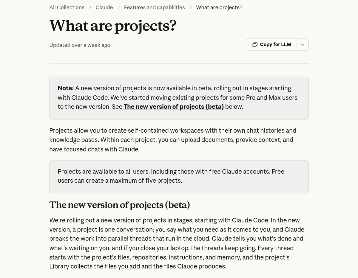 Claude help article What are projects?, saying projects are self-contained workspaces and free users can create up to five, with a note about the new beta version