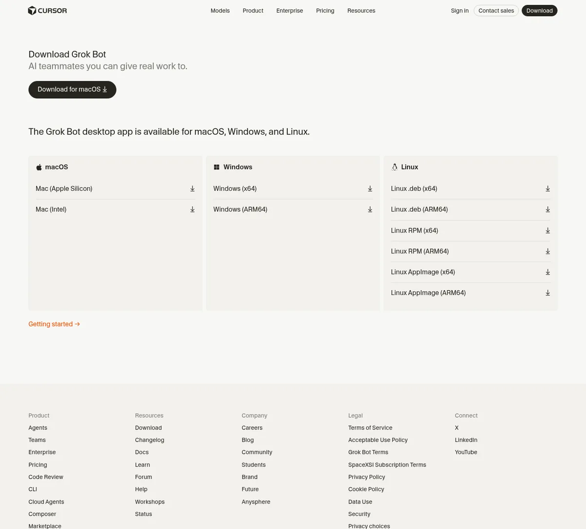 Download Grok Bot page with installers for macOS (Apple Silicon and Intel), Windows (x64 and ARM64) and Linux