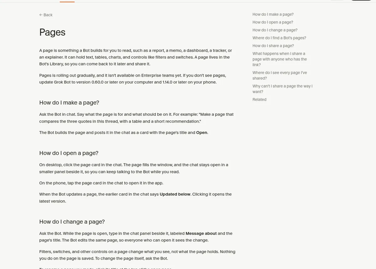 Grok Bot help center Pages article: a page is something a Bot builds for you to read, like a report, dashboard, tracker or explainer