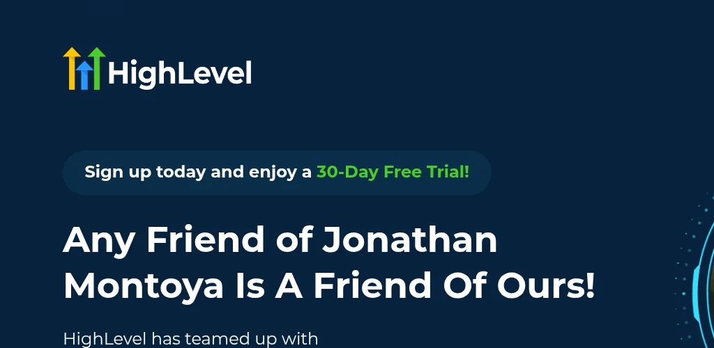 HighLevel partner page for Jonathan Montoya offering a 30-Day Free Trial, with a Start An Extended Free Trial button and a stage photo of Jonathan