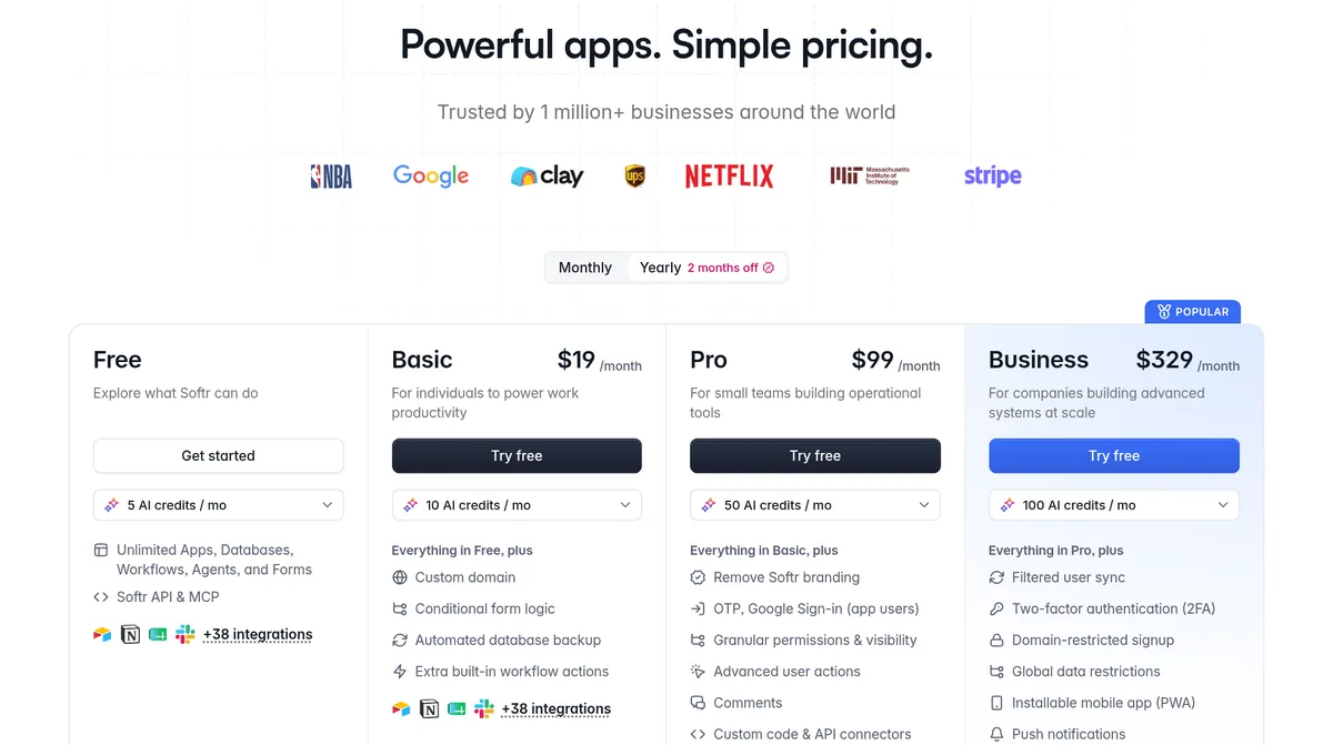 Softr pricing page with the Yearly toggle: Free $0, Basic $19, Pro $99, and Business $329 a month, plus Enterprise