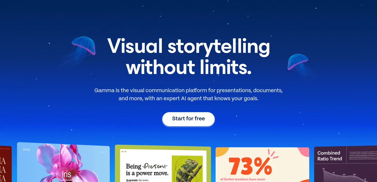 Gamma home page hero: Visual storytelling without limits, with a Start for free button and sample decks below