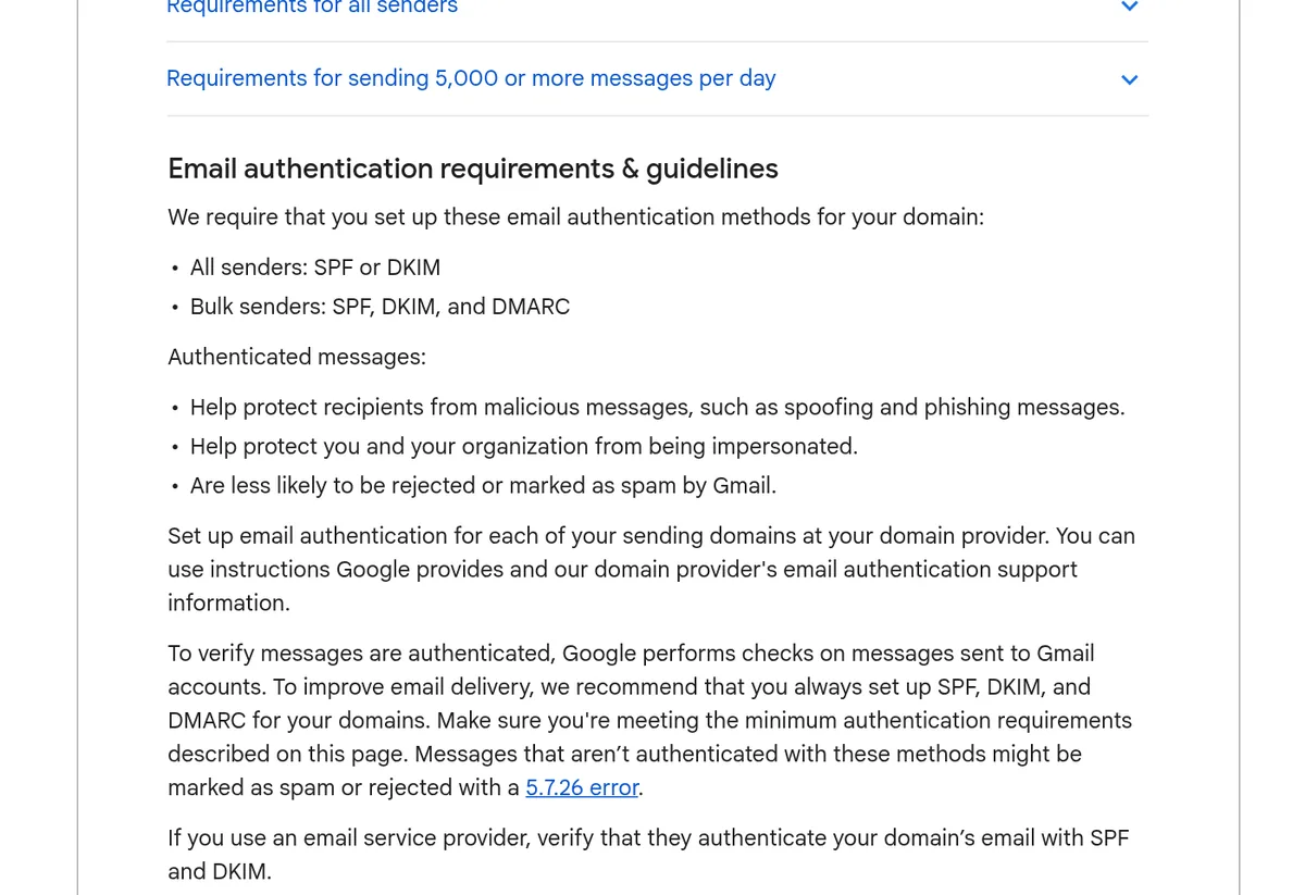 Google email sender guidelines: all senders need SPF or DKIM, and bulk senders need SPF, DKIM, and DMARC