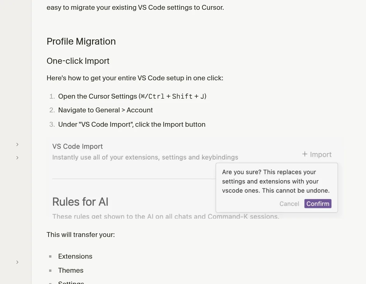 Cursor docs section One-click Import: open Cursor Settings, go to General then Account, and click Import under VS Code Import, with a warning that it replaces your settings