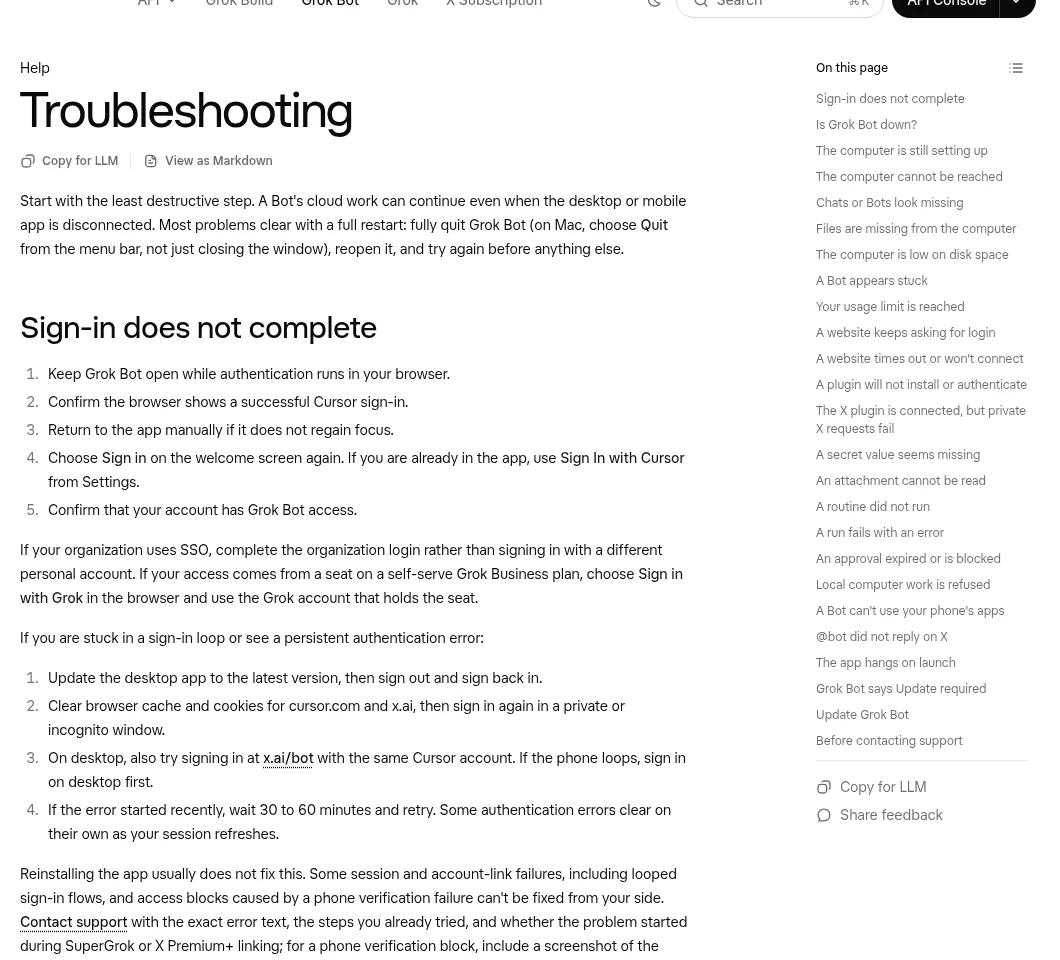 Grok Bot troubleshooting docs page with help for computers, routines, connected apps and startup