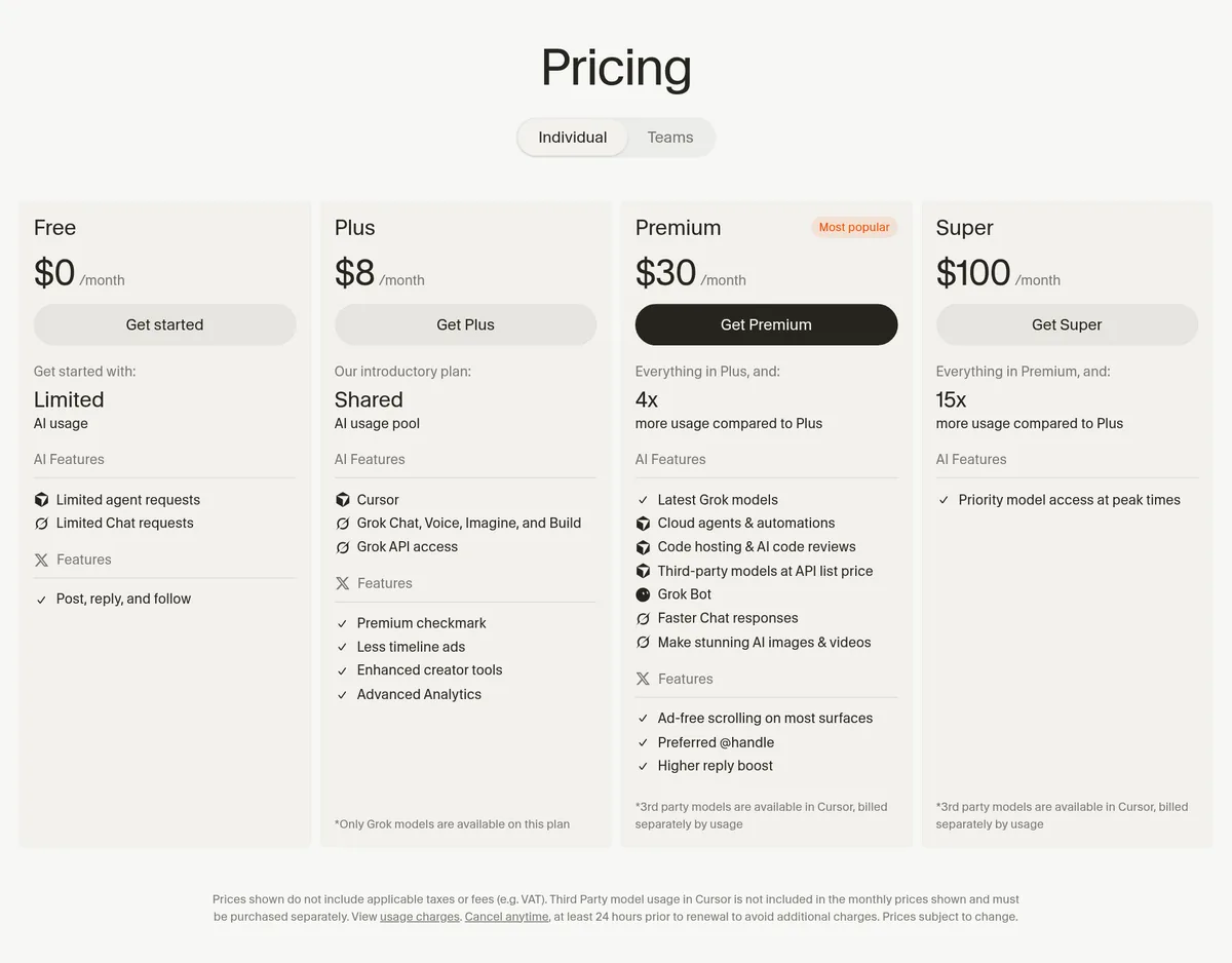 Cursor pricing page for individuals: Free $0, Plus $8, Premium $30, and Super $100 a month billed monthly, with a shared AI usage pool across Cursor and Grok