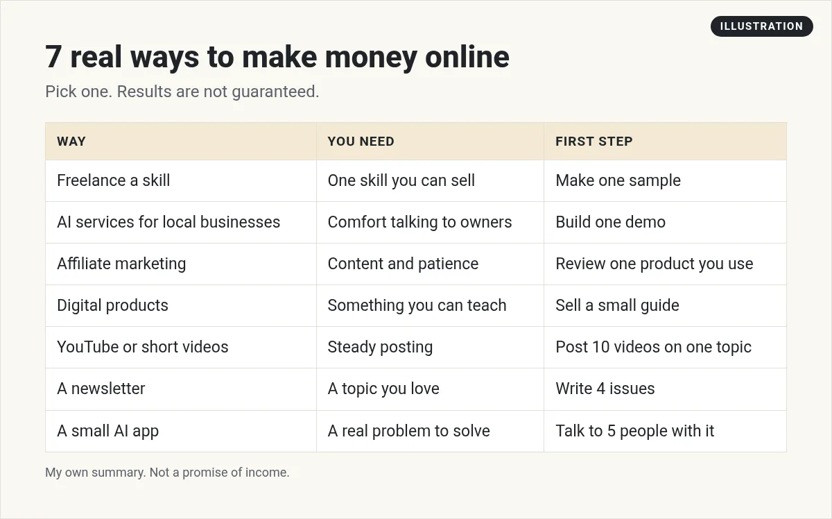 Illustration: table of 7 real ways to make money online with what you need and a first step for each