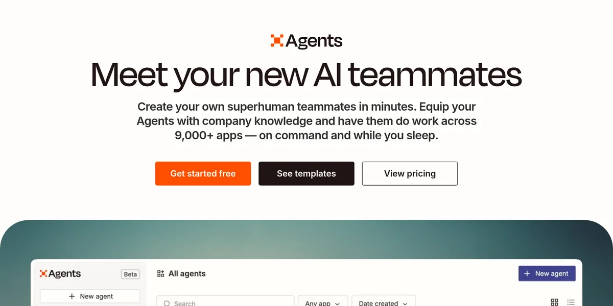 Zapier Agents page: Meet your new AI teammates, create agents that work across 9,000+ apps, with Get started free and See templates buttons