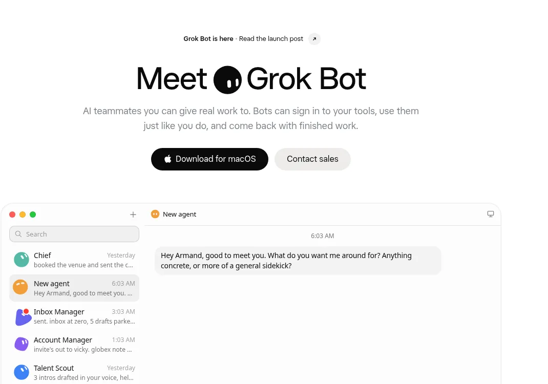 The x.ai Grok Bot page: Meet Grok Bot, AI teammates you can give real work to, with a list of Bots like Chief, Inbox Manager and Talent Scout